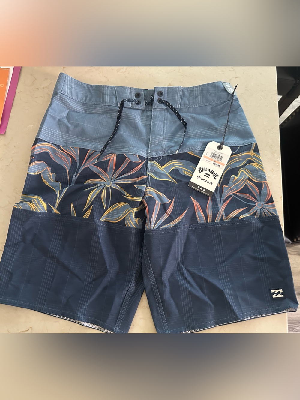 Billabong Men’s Navy and Light Blue Floral Panel Board Shorts